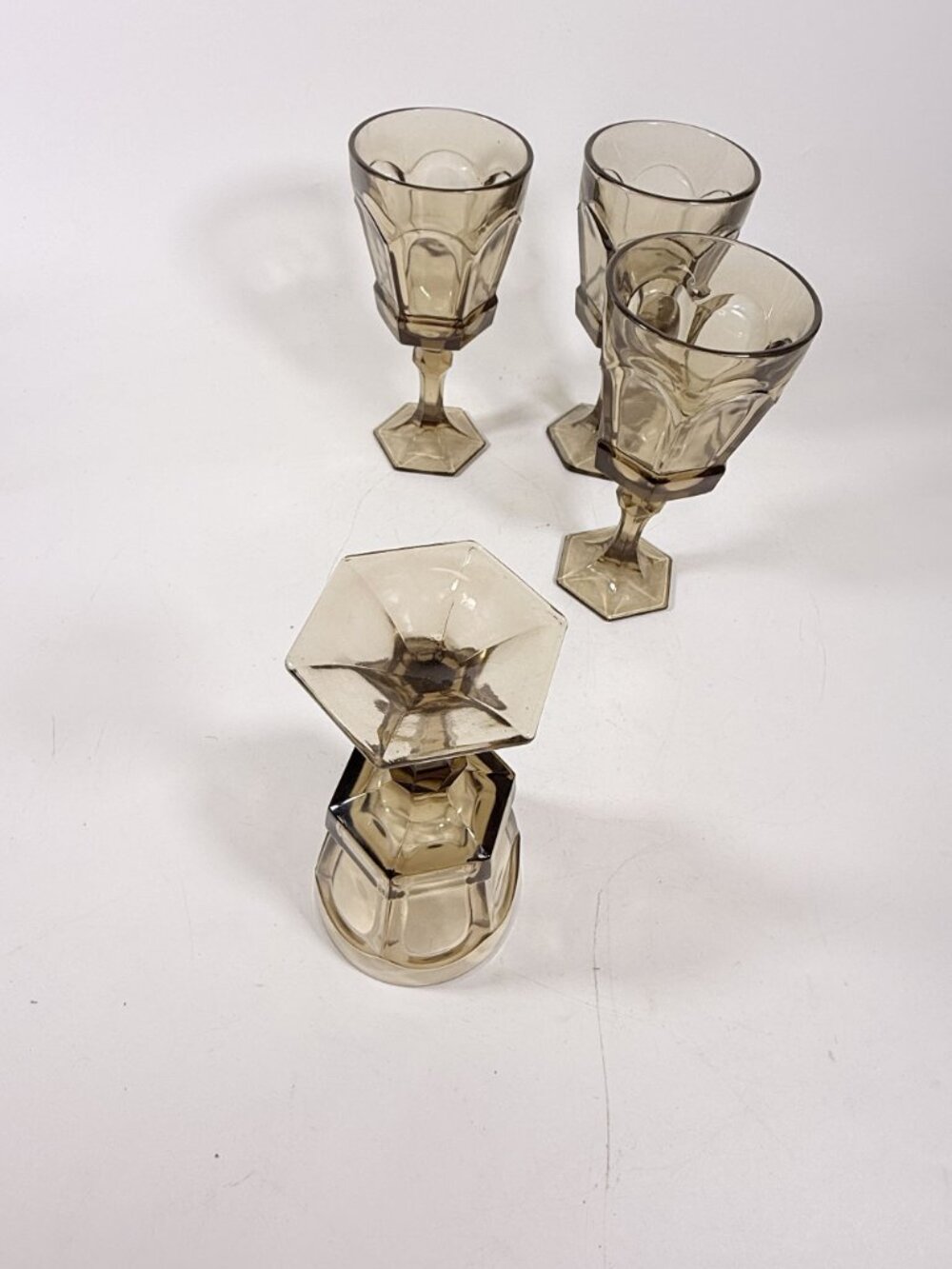 Water Goblets Stemmed Paneled Fostoria Virginia Smoky Brown Set 4 Mid Century Vi - Picture 14 of 14